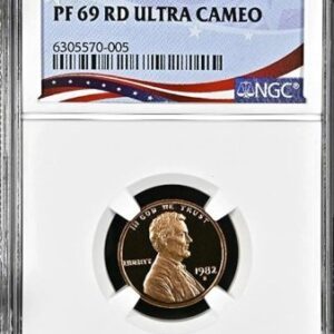 1982 proof penny in graded display case.