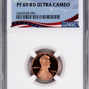 1994 one-cent coin in graded case.