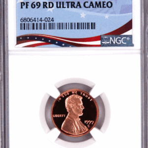 1999 graded penny in protective display case.