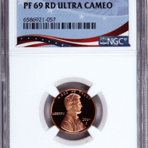 2003 proof penny in graded display case.