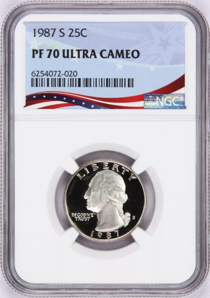 A graded 1999 US quarter coin with PF 70 Ultra Cameo rating.