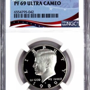 A graded 2019 Kennedy half dollar proof coin in a protective case.