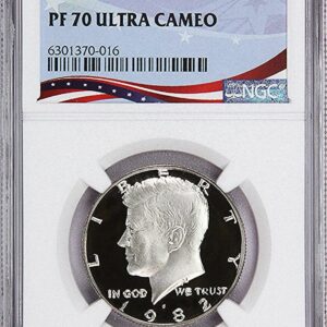 A PF 70 Ultra Cameo Kennedy half dollar coin in a protective case.
