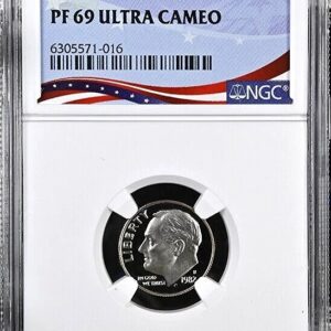 A graded Roosevelt dime labeled PF 69 Ultra Cameo in a protective case.
