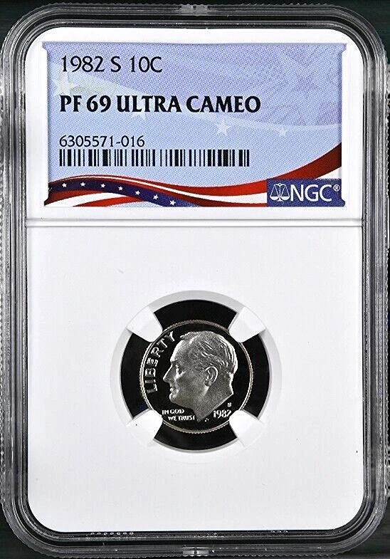 A graded Roosevelt dime labeled PF 69 Ultra Cameo in a protective case.