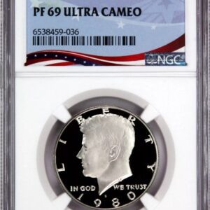 A graded 1964 Kennedy half dollar coin displayed in a protective case.