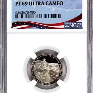 Graded commemorative coin in protective case with label.