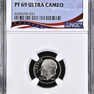 A PF 69 Ultra Cameo coin in a protective holder.
