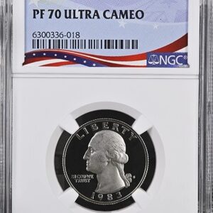 Close-up of a graded 2021-W quarter coin labeled PF 70 Ultra Cameo.