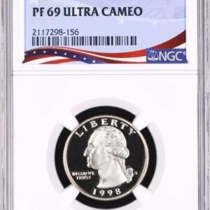 1998 American silver quarter graded PF 69 Ultra Cameo by NGC.