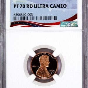 A PF70 RD Ultra Cameo Lincoln penny in protective casing.