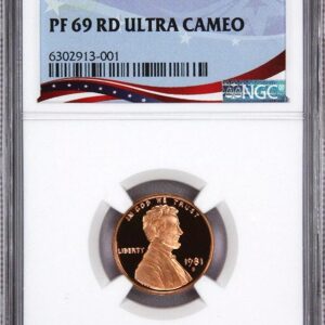 A PF 69 RD Ultra Cameo Lincoln cent coin in a protective slab.
