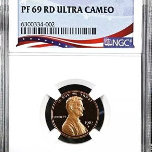 A graded PF 69 RD Ultra Cameo Lincoln penny by NGC.