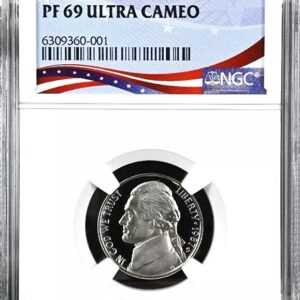 PF 69 Ultra Cameo graded silver coin with US flag design.