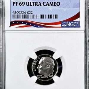 A graded 1969 ultra cameo proof coin in protective casing.