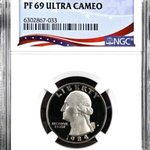 A graded 1964 Washington quarter coin with a PF 69 Ultra Cameo rating.