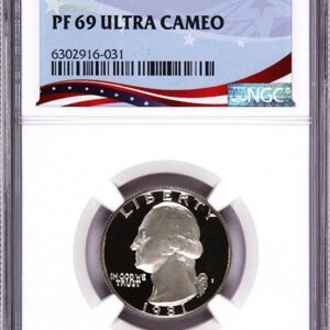 A graded 1957 proof Washington quarter coin in a holder.