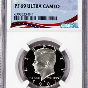 PCGS graded Kennedy half dollar coin in protective case.