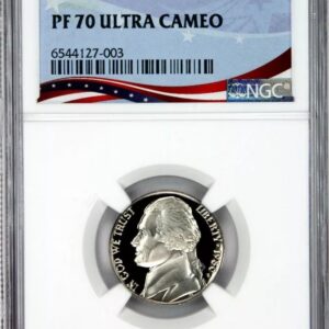 A graded 1970 Jefferson nickel with a PF 70 Ultra Cameo rating.