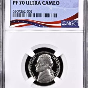 Certified proof coin graded PF 70 Ultra Cameo with a Jefferson nickel.
