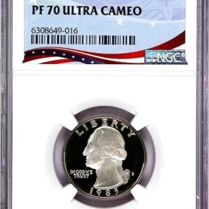 A graded PF 70 Ultra Cameo coin of George Washington in protective casing.