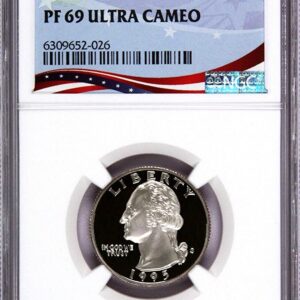 Proof 69 Ultra Cameo Washington quarter coin in protective slab.