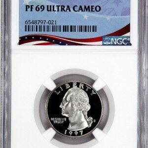 Proof 69 Ultra Cameo quarter coin in protective casing.