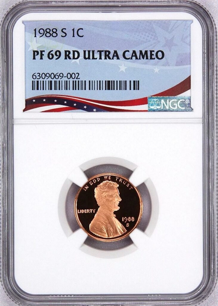 Proof 1969 RD Ultra Cameo Lincoln penny in a protective case.