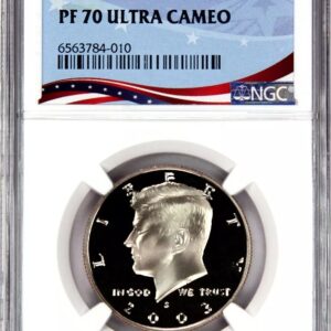 Proof 70 Ultra Cameo Kennedy half dollar coin in protective slab.