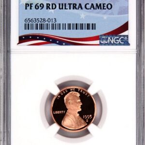 A 1997 proof Lincoln penny graded PF 69 RD Ultra Cameo by NGC.