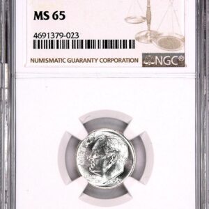 A graded MS 65 silver coin encased in a protective holder.