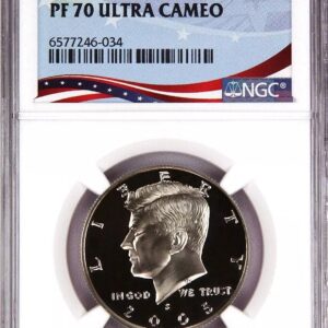 Proof 70 Ultra Cameo Kennedy half dollar coin in protective slab.