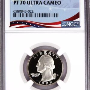 Silver proof quarter coin graded PF 70 Ultra Cameo by NGC.