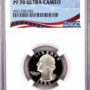 A graded 1970 Washington Quarter coin with PF70 Ultra Cameo designation.