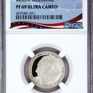 Silver Morgan dollar coin graded PF 69 Ultra Cameo by NGC.
