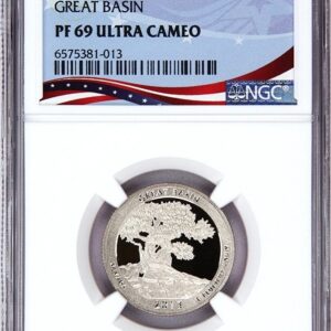 A graded Great Basin $1 coin with a tree design.