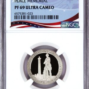 PF 69 Ultra Cameo Peace Memorial coin with detailed design.