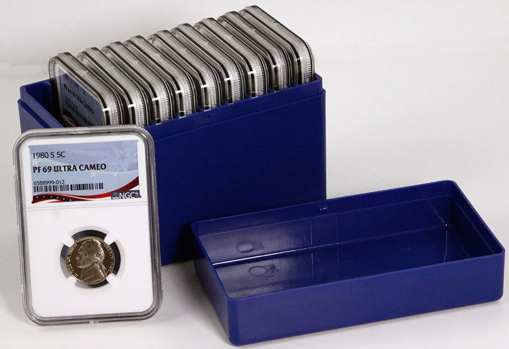 A set of metal sharpening stones in a blue plastic case.
