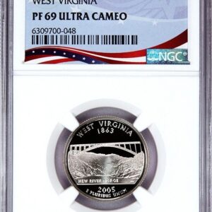 A PF 69 Ultra Cameo West Virginia silver coin in a protective case.