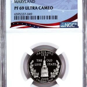 A 1969 Maryland 1¢ P69 Ultra Cameo coin in a protective NGC holder.