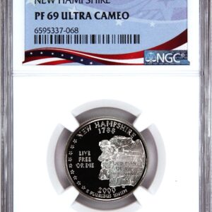 Close-up of a graded 1969 PF69 Ultra Cameo coin in protective casing.