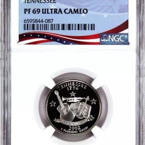 A 1996 PF 69 Ultra Cameo Tennessee quarter in protective casing.