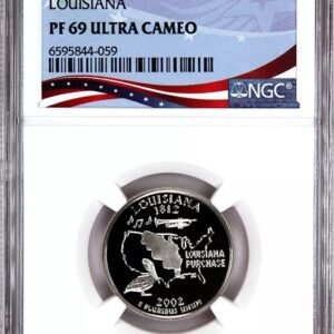 A graded Louisiana state quarter in a protective case.
