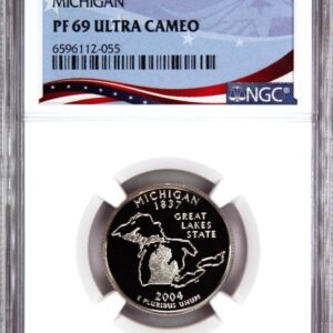 Michigan state quarter in protective casing labeled PF 69 Ultra Cameo.