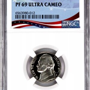 A graded 1964 Kennedy Half Dollar coin in a protective slab.