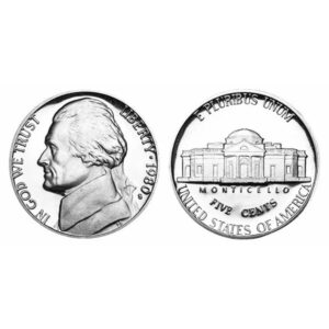 Front and back of a 5-cent US nickel coin.