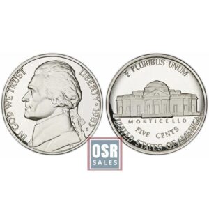Front and back views of a 2005 Jefferson nickel coin.