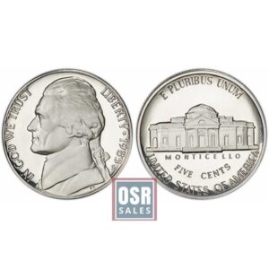 Front and back views of a 1943 Jefferson nickel coin.