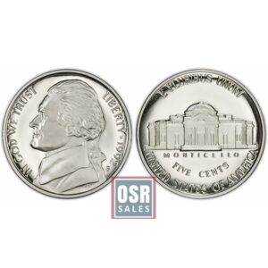Front and back views of a 1954 US Jefferson nickel coin.
