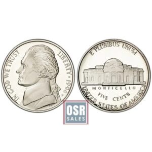Front and back of a Jefferson nickel coin.